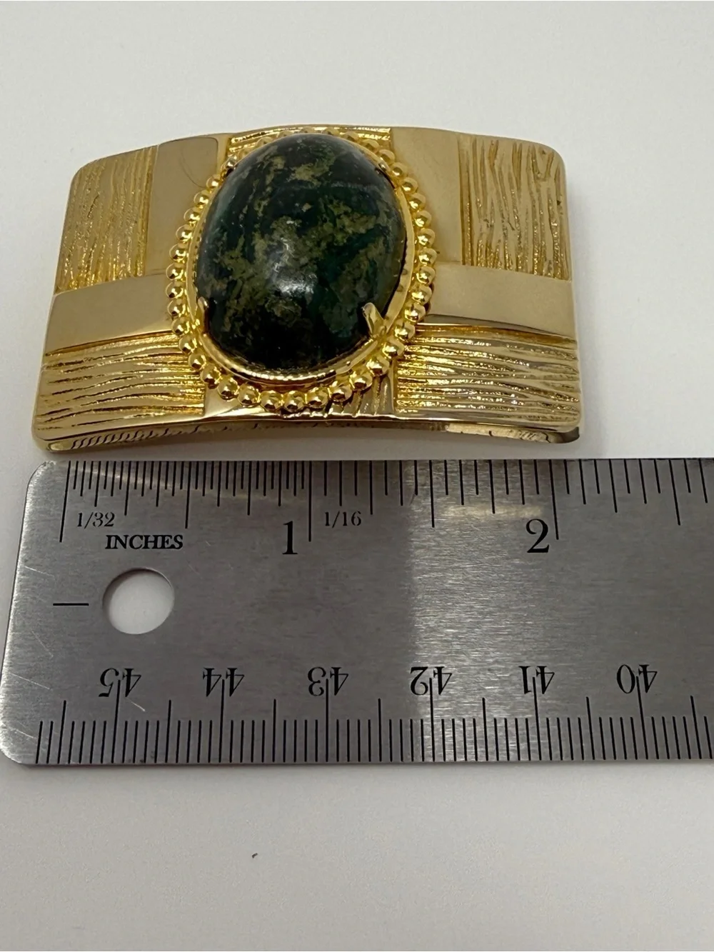 Vintage Gold Tone Belt Buckle Statement Green Stone Cabochon Rectangle Textured